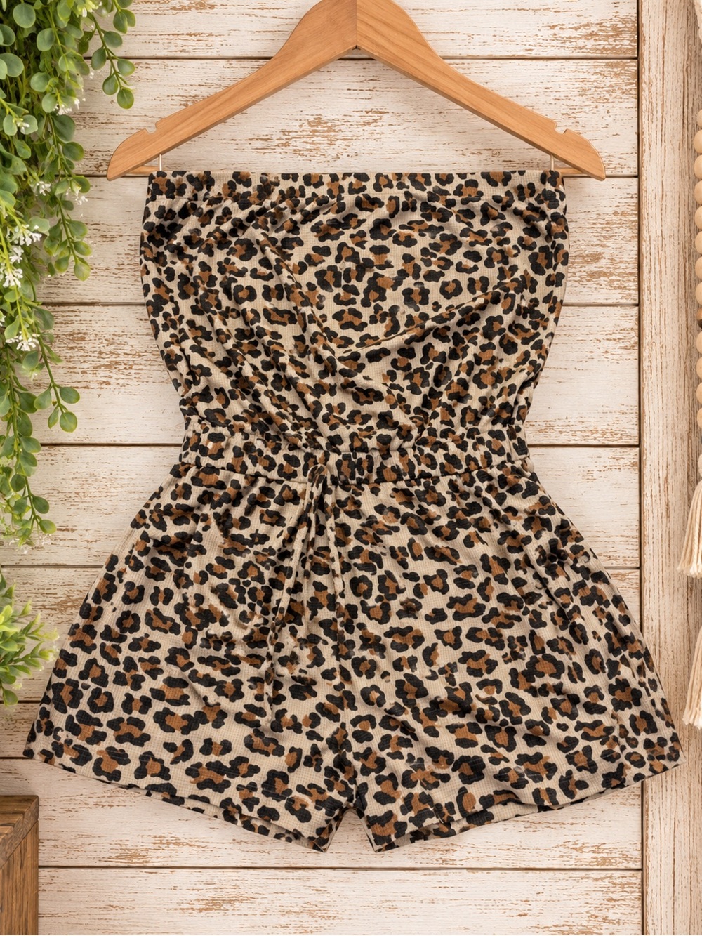 Leopard Print Strapless Women’s Shorts Romper - Brown